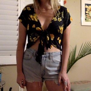 Black Floral / Polk Dot Tie Front / Wrap Crop Top